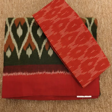 Olive Green And Red Double Ikat Mercerised Cotton with Ikat Blouse