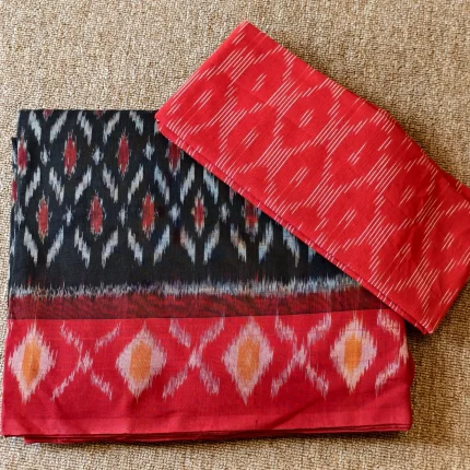 Black Double Ikat Mercerised Cotton Saree with Ikat Blouse