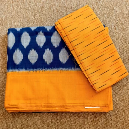 Blue And Orange Double Ikat Mercerised Cotton Saree with Ikat Blouse