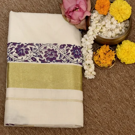 Kerala Cotton Kasavu saree with Purple Floral Prints