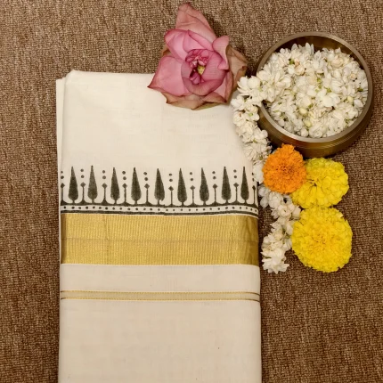 Kerala Cotton Kasavu saree with Polka prints