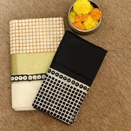Block printed Kerala Cotton Kasavu saree