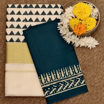 Block printed Kerala Cotton Kasavu saree
