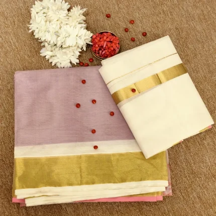 Kerala Kasavu Cotton Dawani Set With Violet Floral Prints