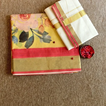 Peach And Yellow Kerala Tissue Silk Cotton Dhavani Set With Floral Prints