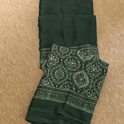 Hand Block printed Ajrakh Green Modal Silk Saree