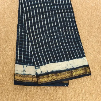 Navy Blue Chequered Maheshwari Silk Cotton Saree
