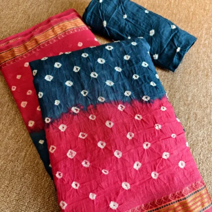 Red And Blue Bandhni Mul Cotton Saree