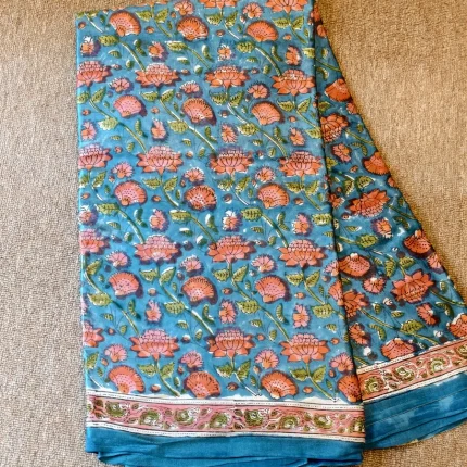 Sanganeri Printed Blue Satin Modal Silk Saree
