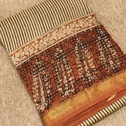 Cream And Brown Striped Maheshwari Silk Cotton Saree