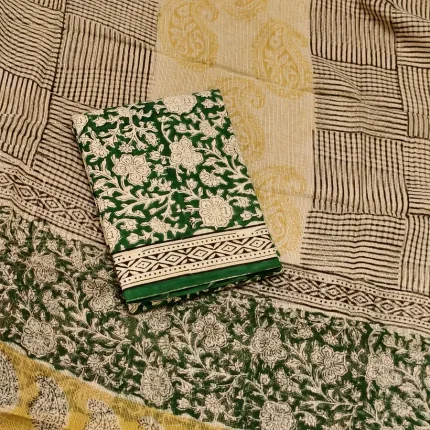 Green Cotton Unstitched Salwar Suit With Kota Dupatta