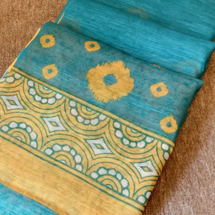 Teal And Yellow Cotton Saree