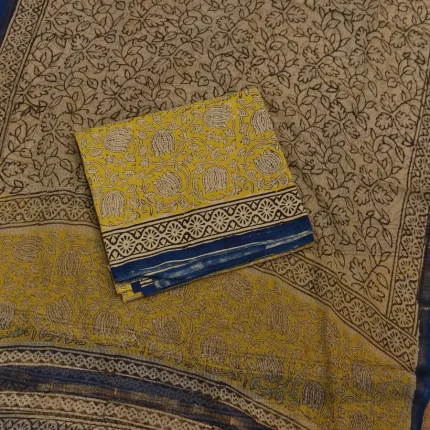 Yellow Cotton Unstitched Salwar Suit With Kota Dupatta
