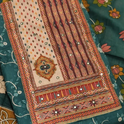 Printed Teal Satin Cotton Unstitched Salwar Suit