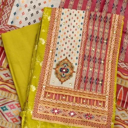 Printed Yellow Satin Cotton Unstitched Salwar Suit