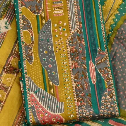 Teal Printed Cotton Unstitched Salwar Suit