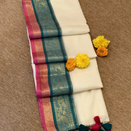 Traditional Teal And Pink Zari Boreder Mul Cotton saree for Onam