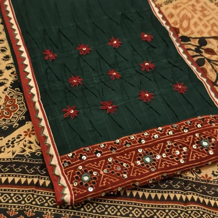 Green Cotton Silk Unstitched Salwar Suit with Designer Yoke