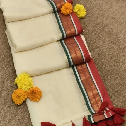 Red And Green Mul Cotton saree for Onam