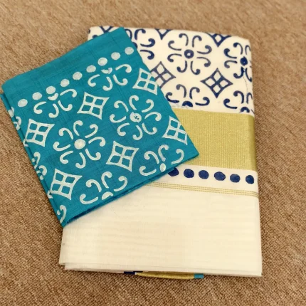 Block printed Kerala Cotton Kasavu saree